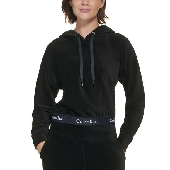 Calvin Klein Performance Women S Logo Elastic Long-Sleeve Pullover Velour Hoodie - Picture 1 of 3